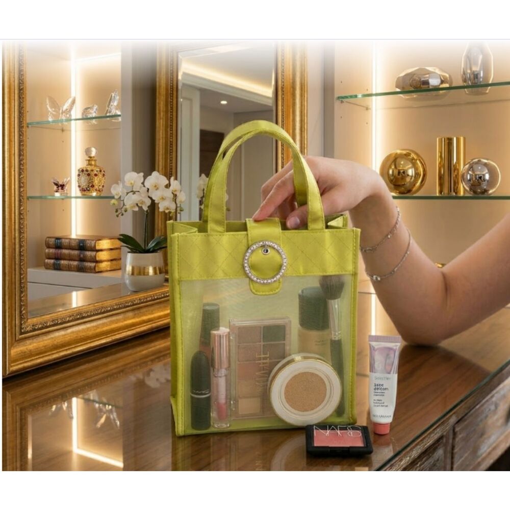 Y2K Clear Vinyl & Satin Tote Lime Green Rhinestone Buckle Accent. Excellent